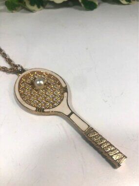 Tennis Racket Faux Pearl Gold Tone with Enamel Chain 24 inch Necklace